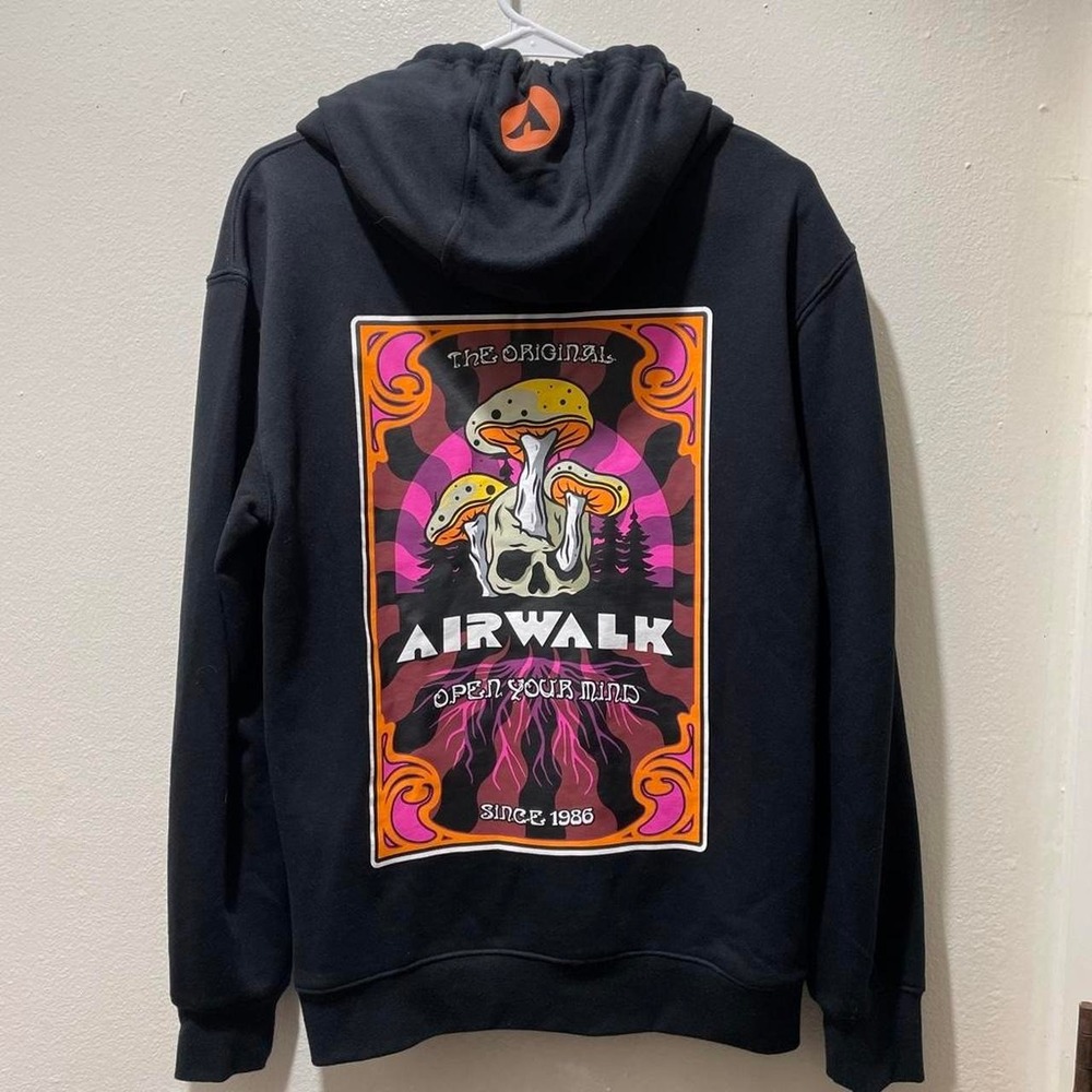 Airwalk Mushrooms black hoodie Open your Mind Xtra Small Mens
